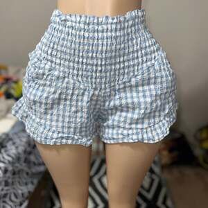 Sincerely Jules Wide Smocked Waist Ruffle Hem Blue Plaid Flowy Shorts